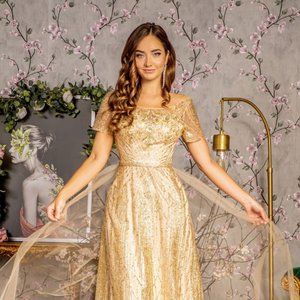 NEW FLOOR LENGTH FORMAL MOB GOWN WITH SHORT SLEEVES AND BEADES EMBROIDERY GL3493